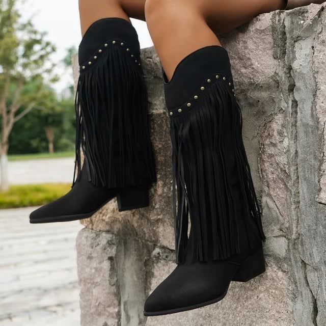 Giselle Fringe Studded Block Heel Western Style Boots_5
