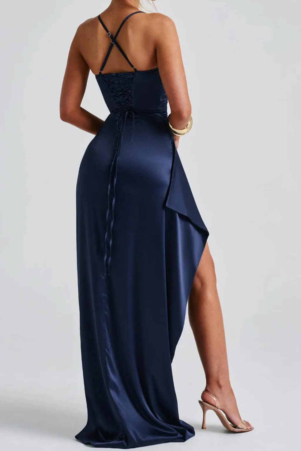 Araminta Navy Ruched Satin Wedding Guest Maxi Dress_3
