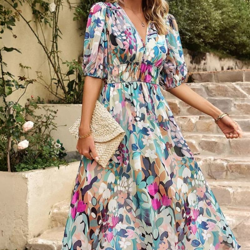 Junia Floral Puff Sleeve Wedding Guest Midi Dress_1