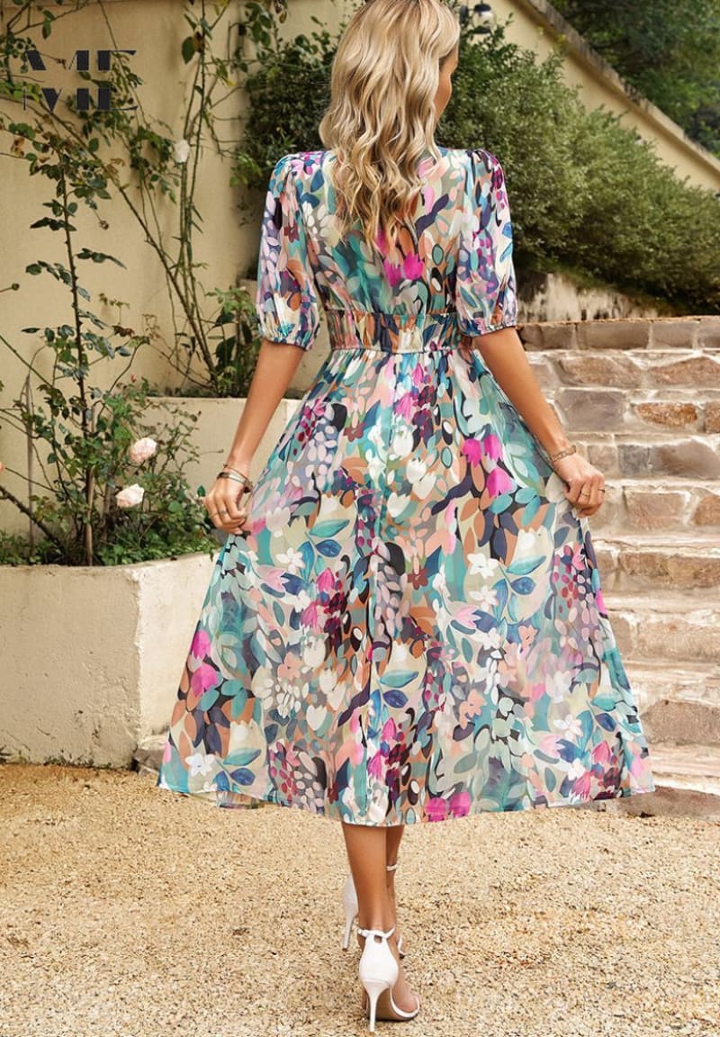 Junia Floral Puff Sleeve Wedding Guest Midi Dress_3