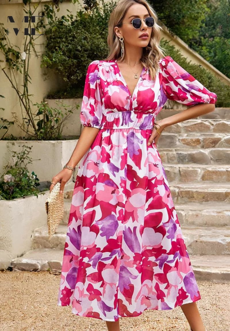 Junia Floral Puff Sleeve Wedding Guest Midi Dress_7