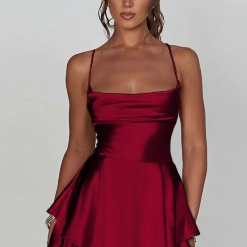 Sidonie Satin Ruched Ruffle Hem Homecoming Dress_1