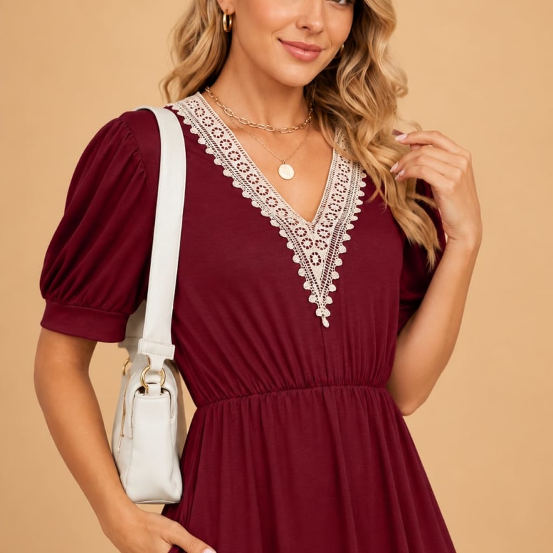 Jessamine V-Neck Lace Trim Short Sleeve Summer Dress_1