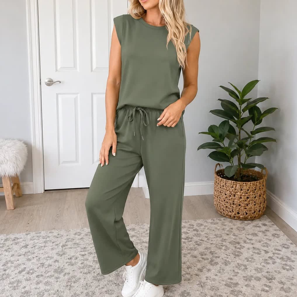 Flora Sleeveless Top and Wide Leg Drawstring Pants Two Piece Lounge Set_12