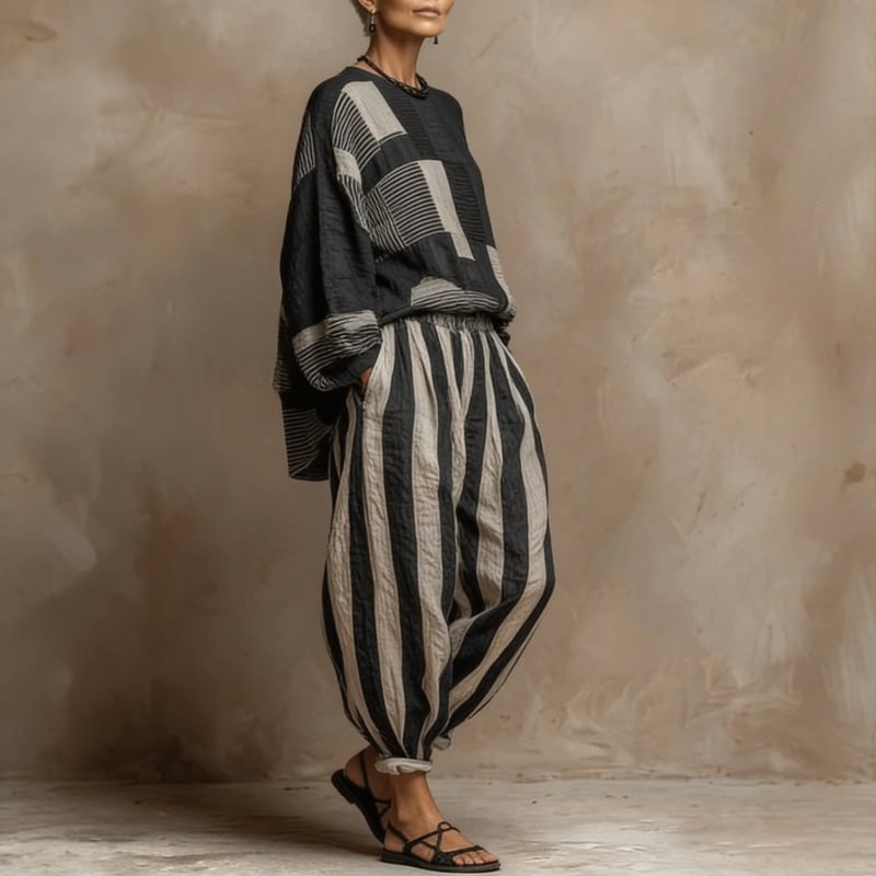 Fern Striped Color Block Oversized Top and Balloon Pants Two Piece Set_1