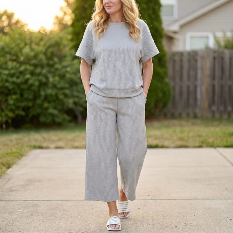 Clementine Textured Knit Short Sleeve Top and Cropped Wide Leg Pants Lounge Set_1