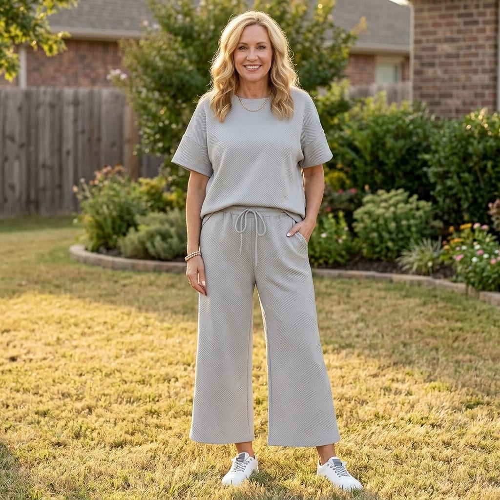 Clementine Textured Knit Short Sleeve Top and Cropped Wide Leg Pants Lounge Set_2