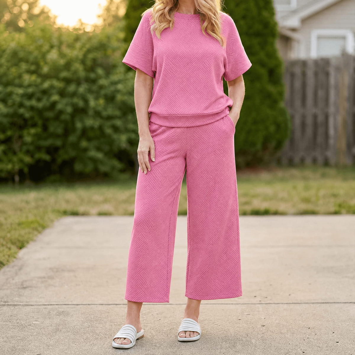 Clementine Textured Knit Short Sleeve Top and Cropped Wide Leg Pants Lounge Set_22