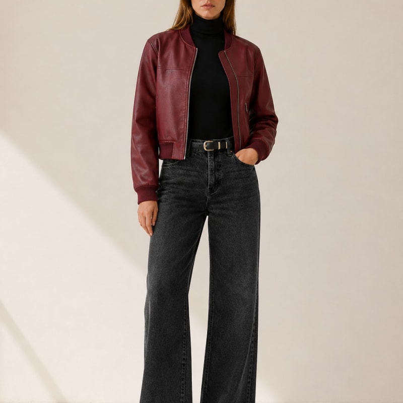 Romy Cropped Collarless Faux Leather Bomber Jacket_1