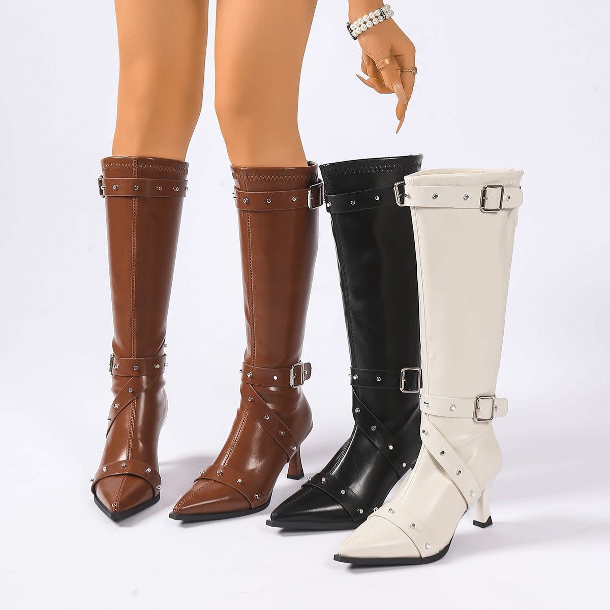 Esperanza Studded Pointed Toe Knee High Boots_17