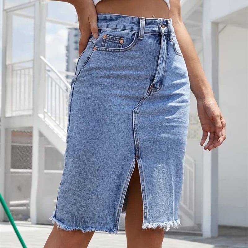 Ottoline High Waist Front Slit Denim Midi Skirt_1