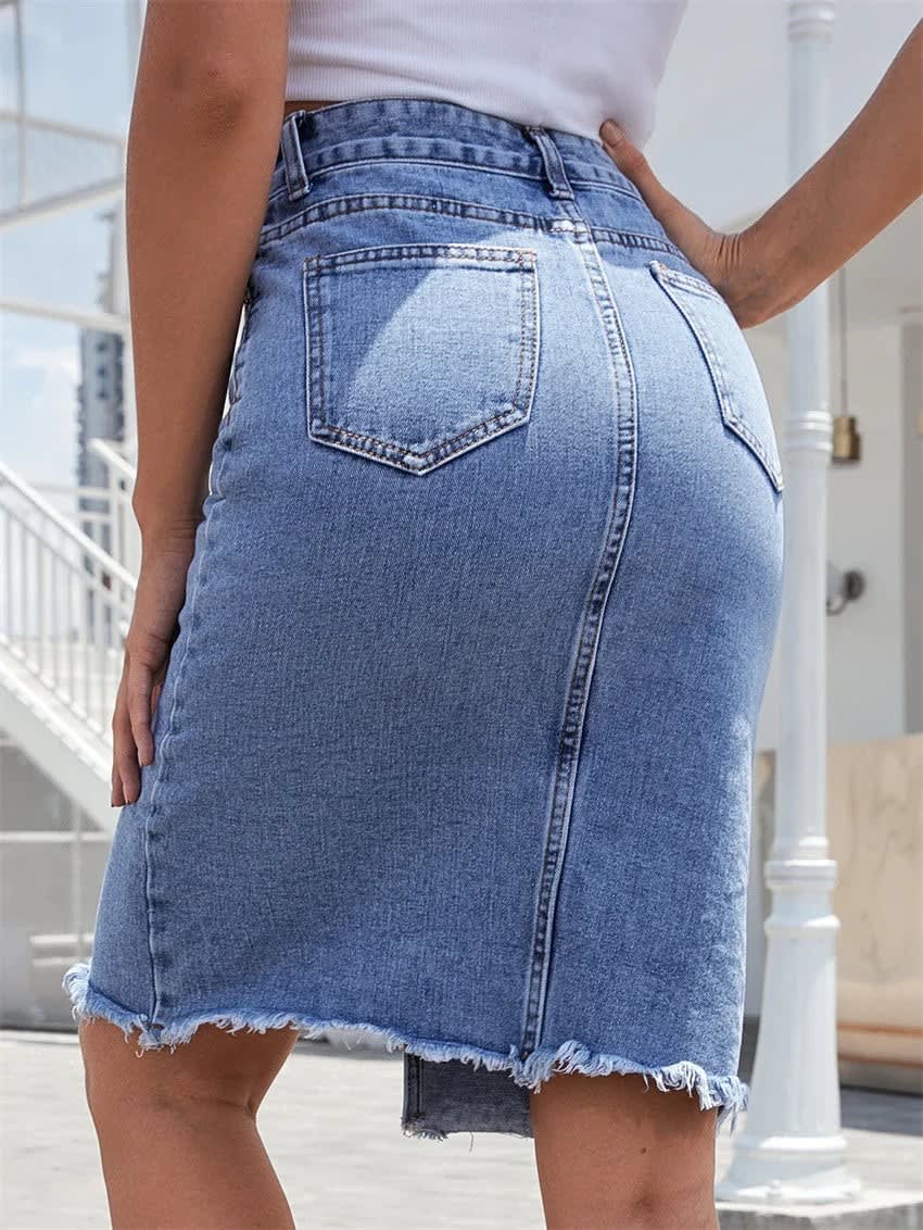 Ottoline High Waist Front Slit Denim Midi Skirt_3