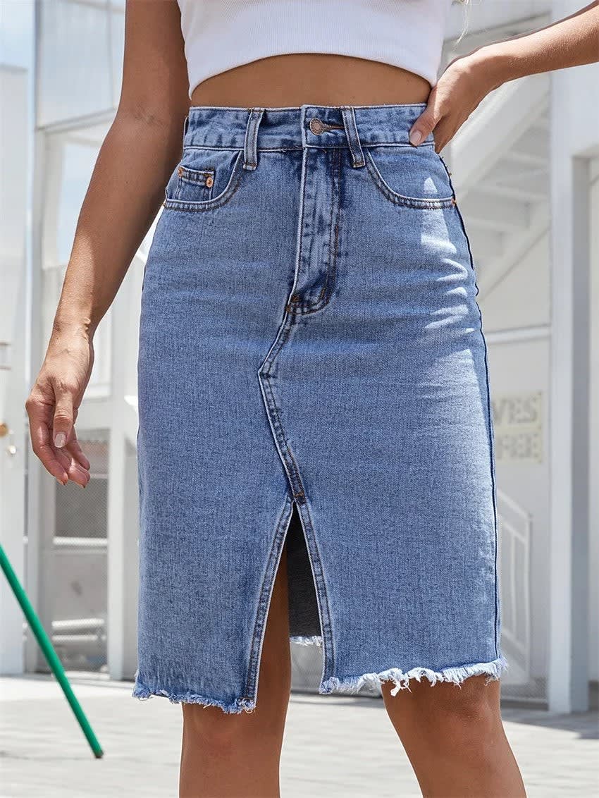 Ottoline High Waist Front Slit Denim Midi Skirt_4