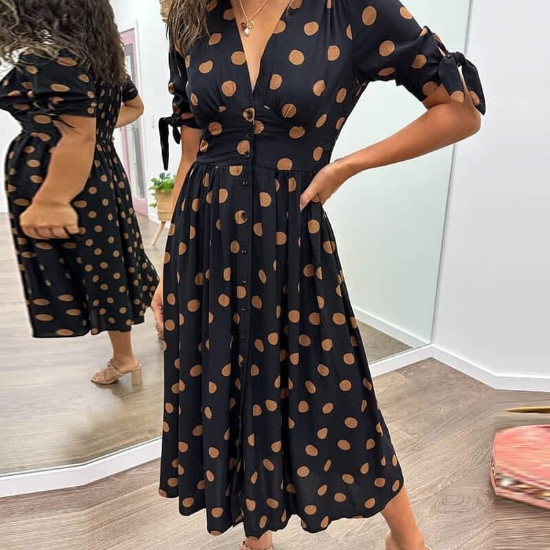 Xanthe V-Neck Button Front Polka Dot Midi Dress_1