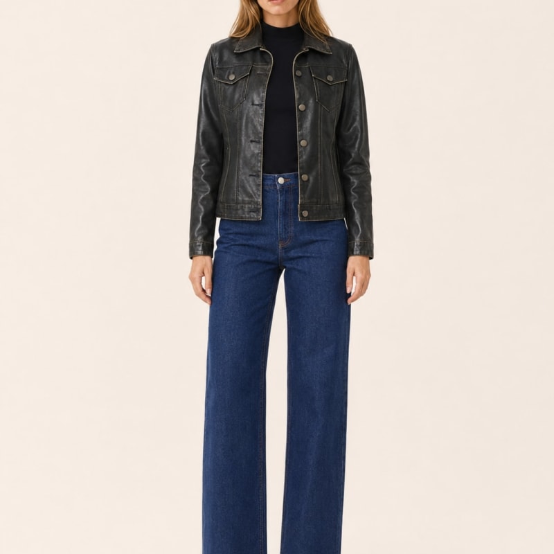 Sylvie Vintage Washed Faux Leather Trucker Jacket_1