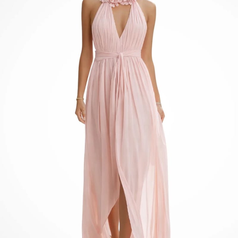 Sabrina Pink Floral Halter Wedding Guest Maxi Dress_1