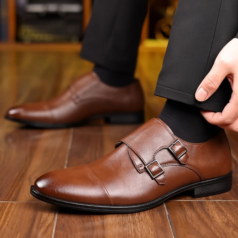 Marvin Cushioned Leather Cap Toe Double Monk Strap Loafers_4