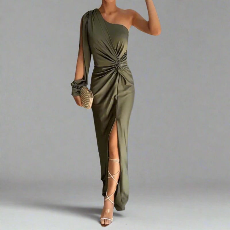 Ines One Shoulder Ruched Slit Evening Maxi Dress_1