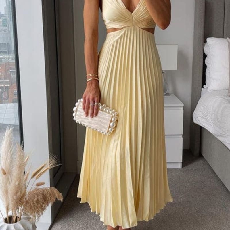 Jolie Pleated Satin V-Neck Wedding Guest Midi Dress_1