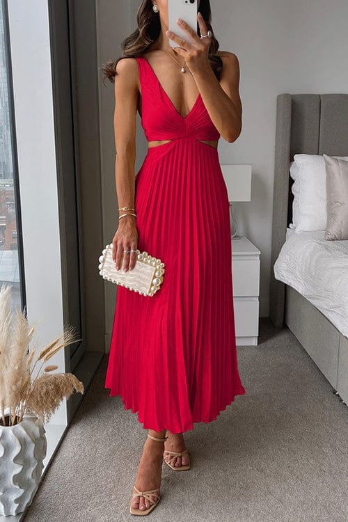 Jolie Pleated Satin V-Neck Wedding Guest Midi Dress_2