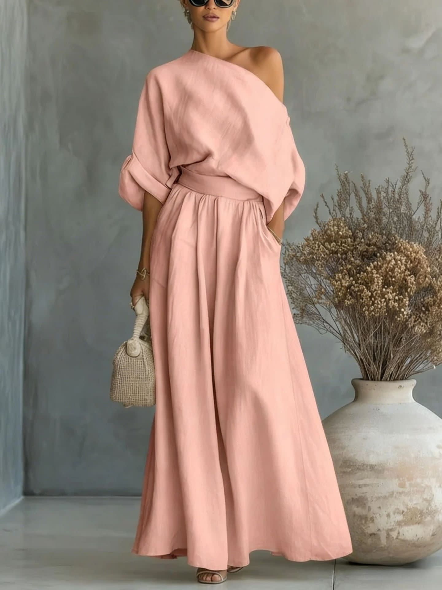 Polina One Shoulder Linen Maxi Set_9
