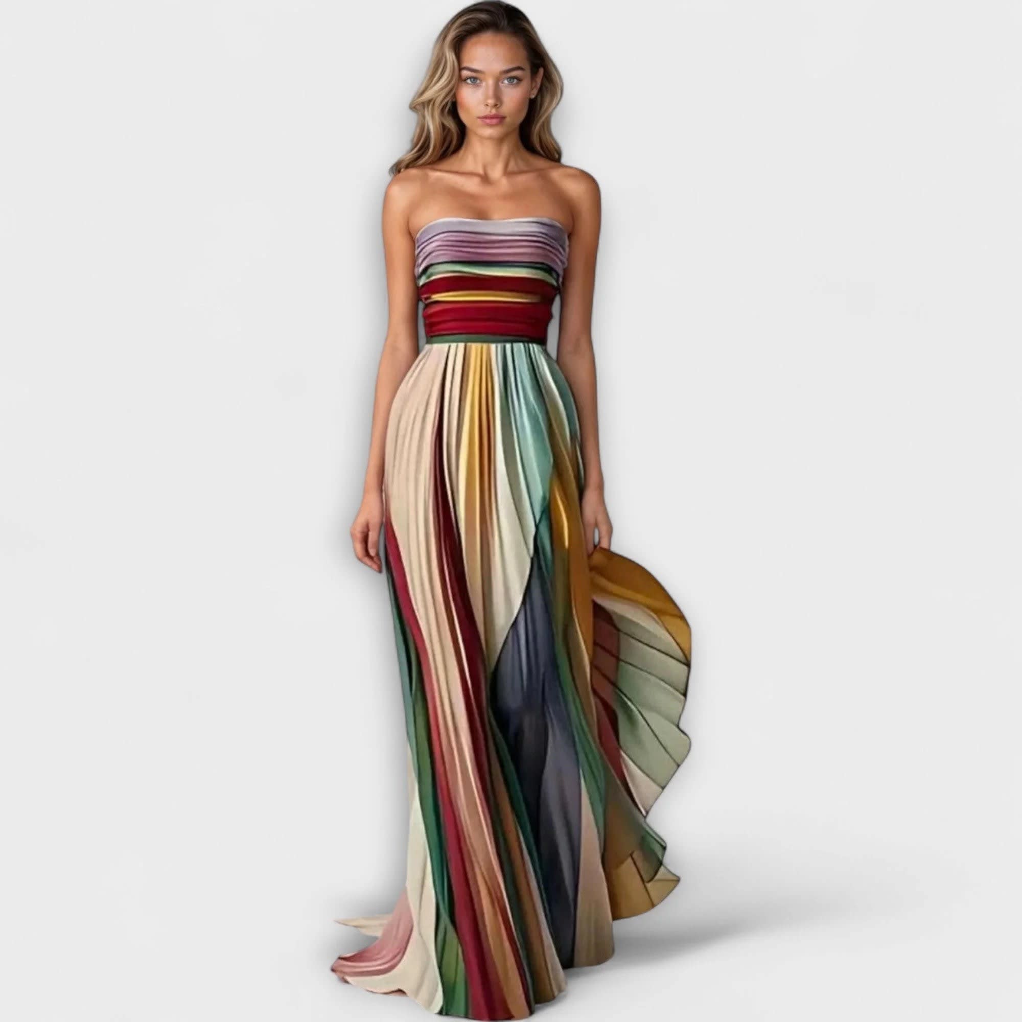 Georgina Strapless Rainbow Stripe Wedding Guest Maxi Dress_5