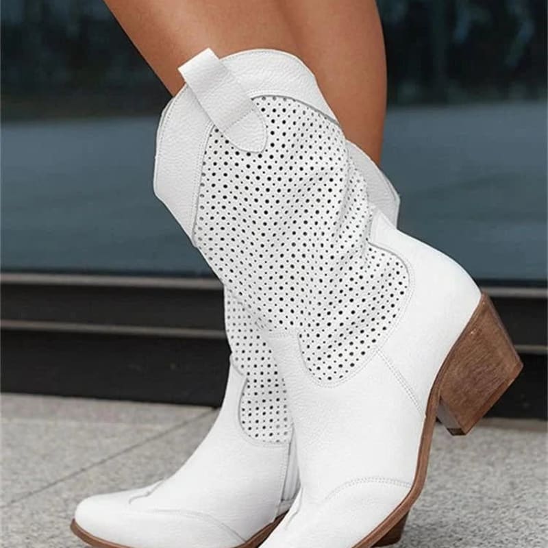 Holly Perforated White Block Heel Cowboy Boots_1