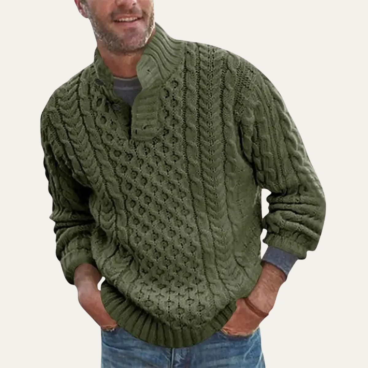 James Cable Knit Button Neck Sweater_5
