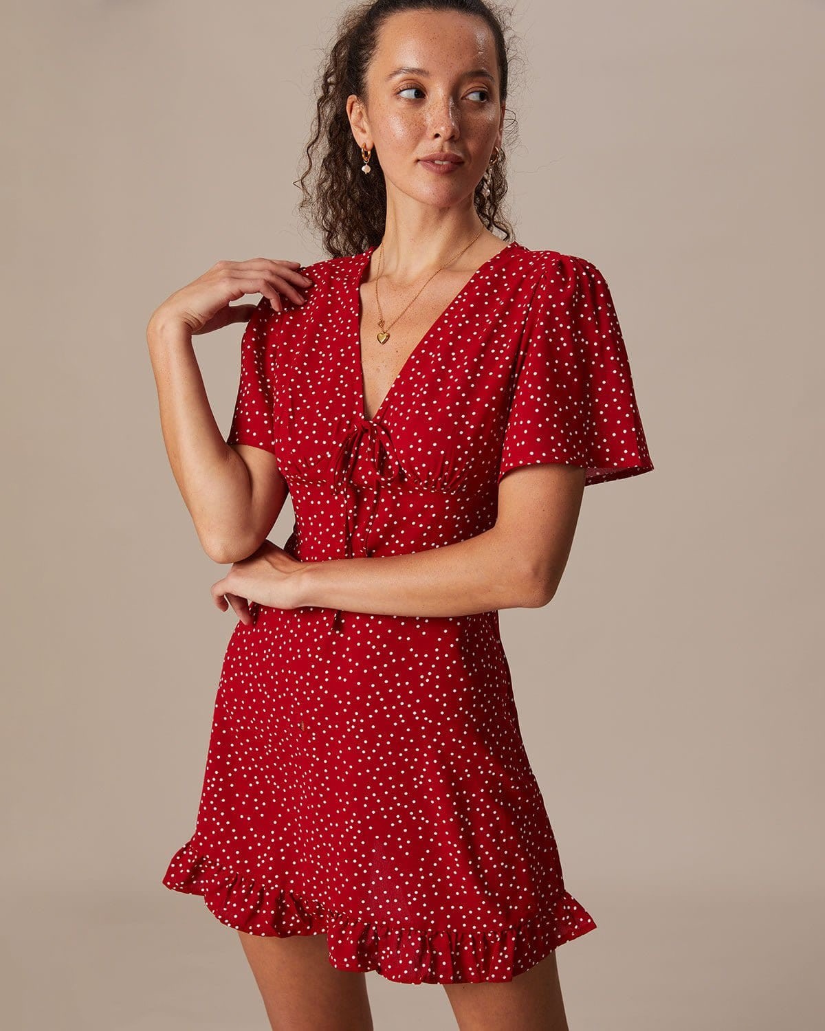 Aria Red Polka Dot V-Neck Ruffle Summer Dress_4