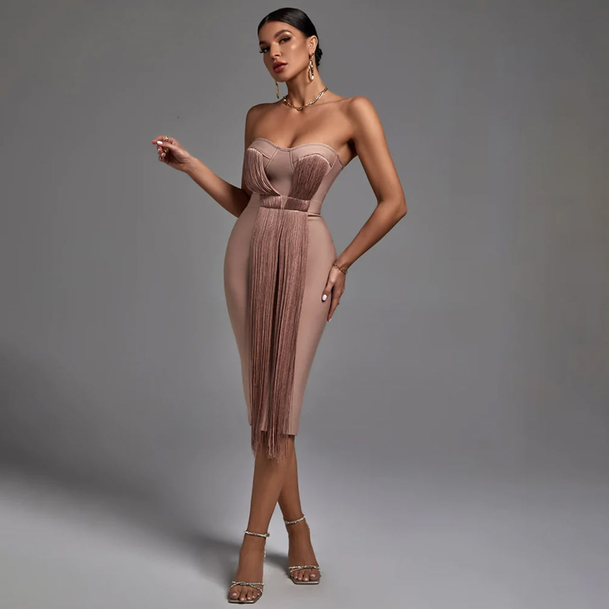 Adeline Bandage Party Midi Dress with Fringe_2