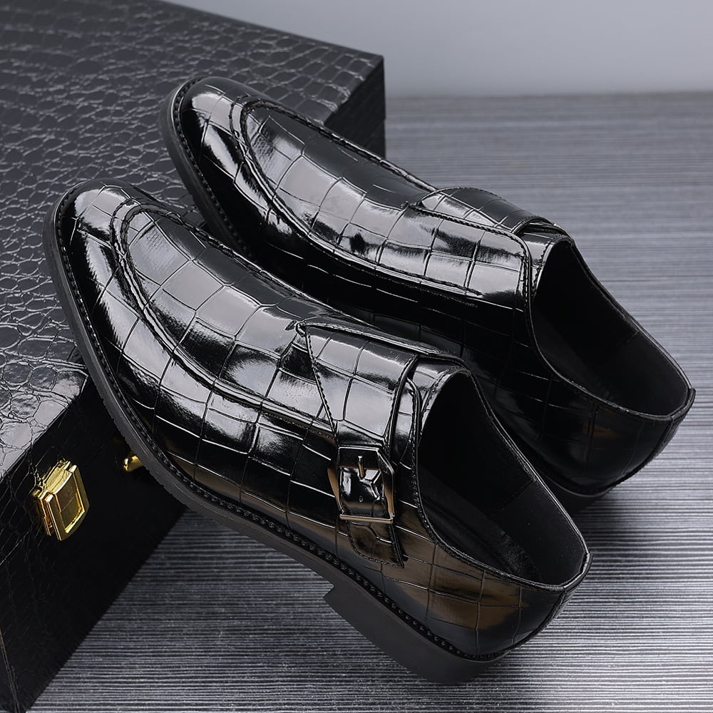 Nathan Croc Embossed Leather Single Monk Strap Loafers_3