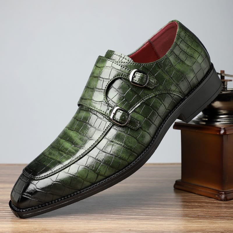 Lloyd Croc Embossed Leather Double Monk Strap Loafers_3
