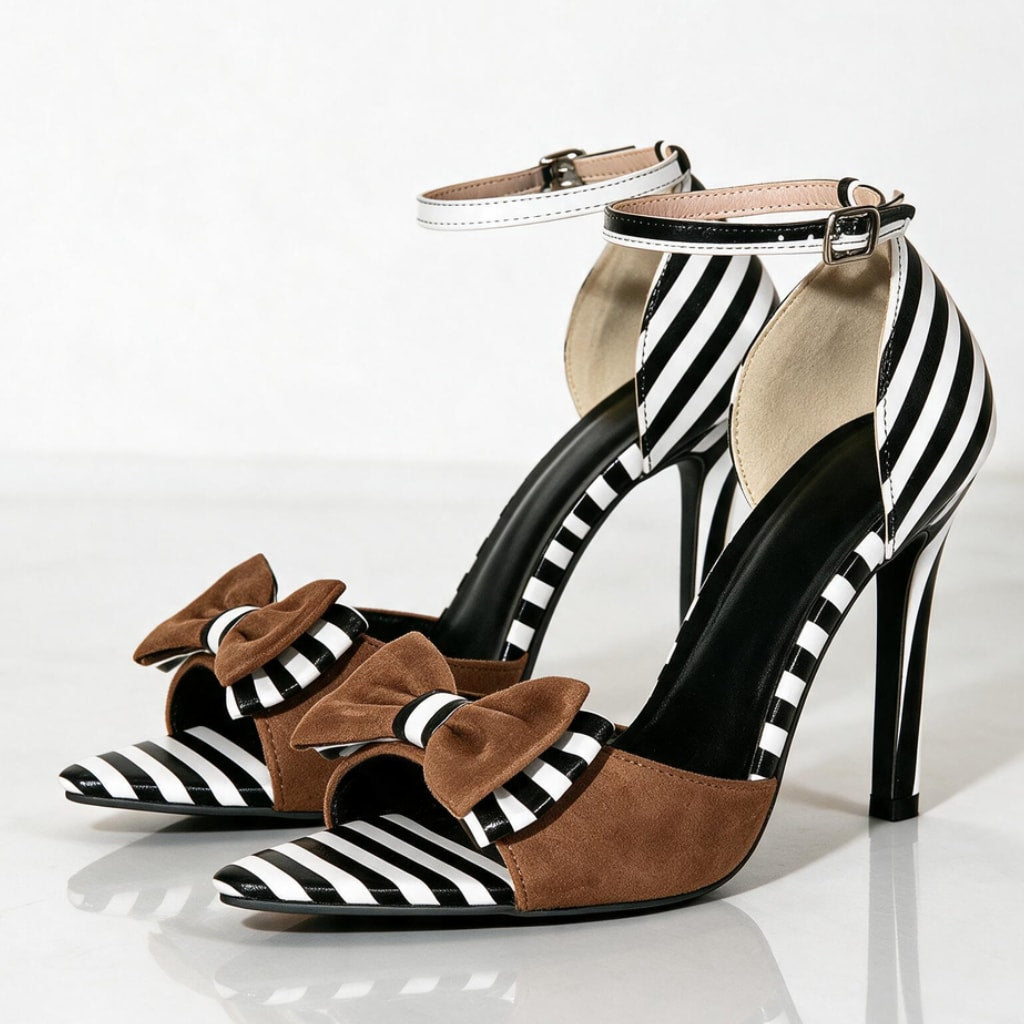 Natalina Striped Bow Ankle Strap Heels_3
