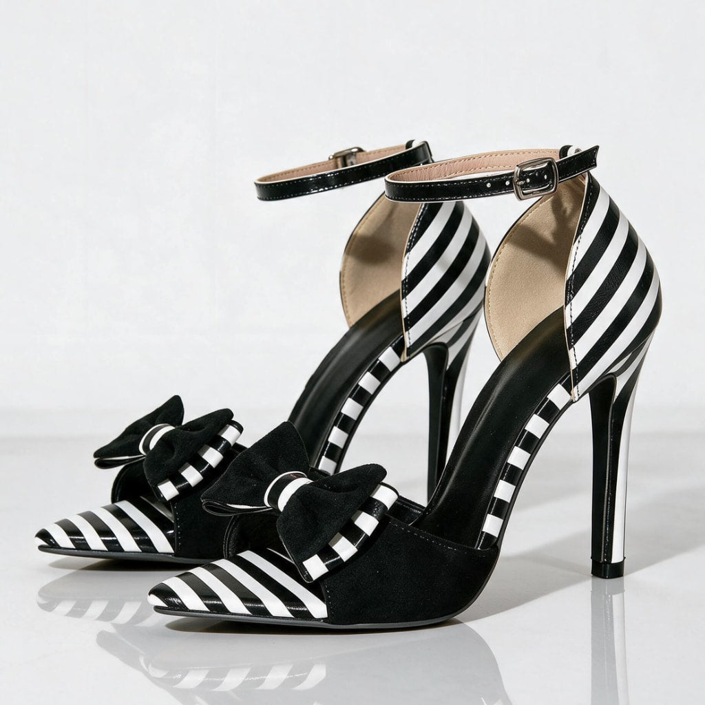 Natalina Striped Bow Ankle Strap Heels_5