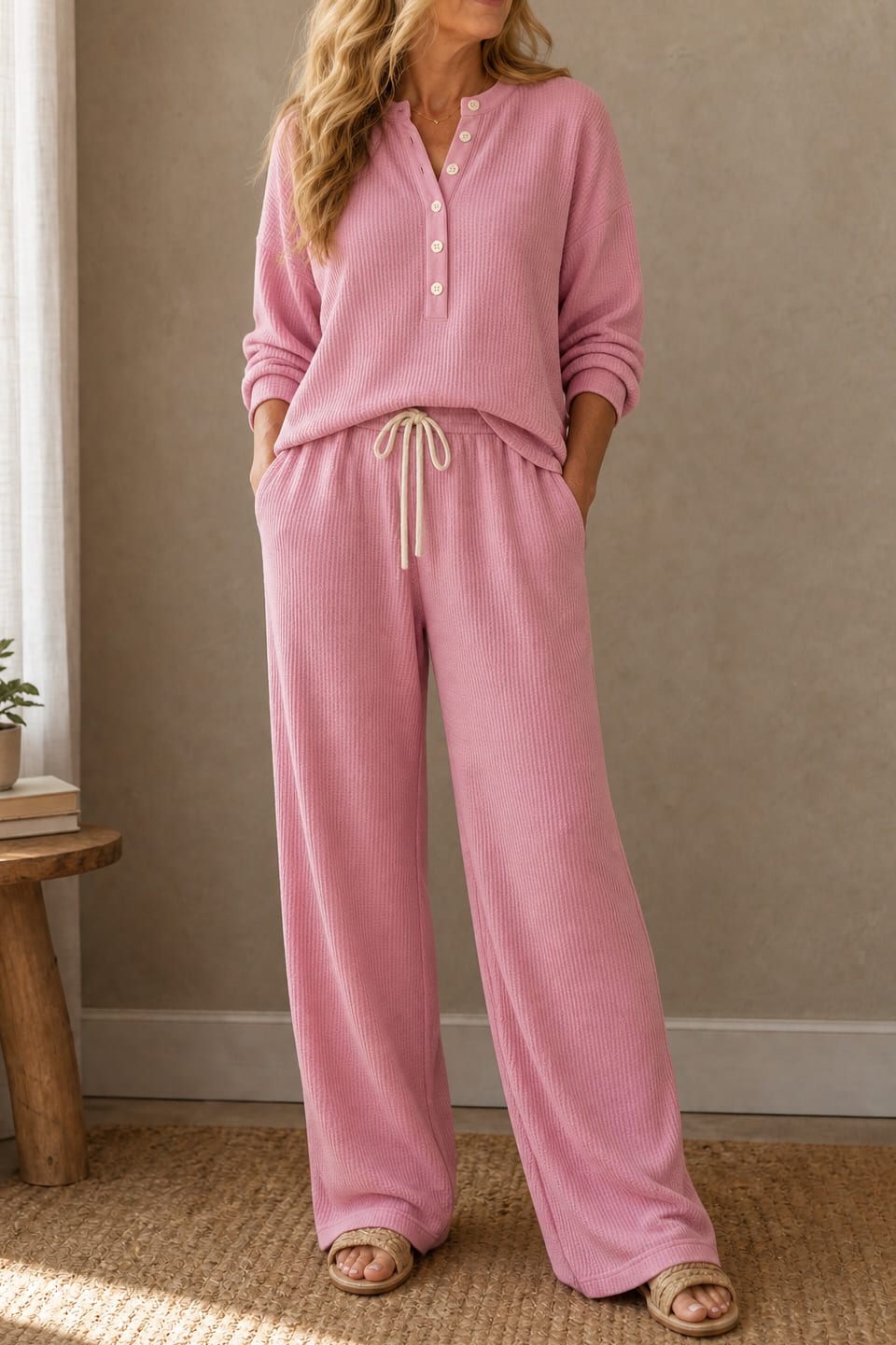 Sabrina Waffle Knit Henley Top and Wide Leg Drawstring Lounge Set_13