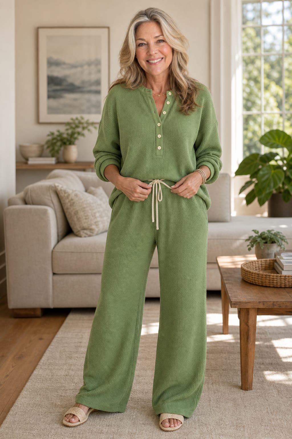 Sabrina Waffle Knit Henley Top and Wide Leg Drawstring Lounge Set_2