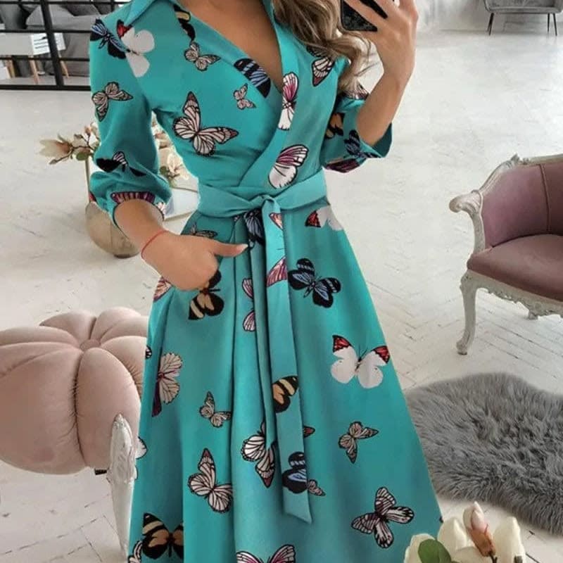 Bree Butterfly Print Tie Waist Wrap Midi Dress_1