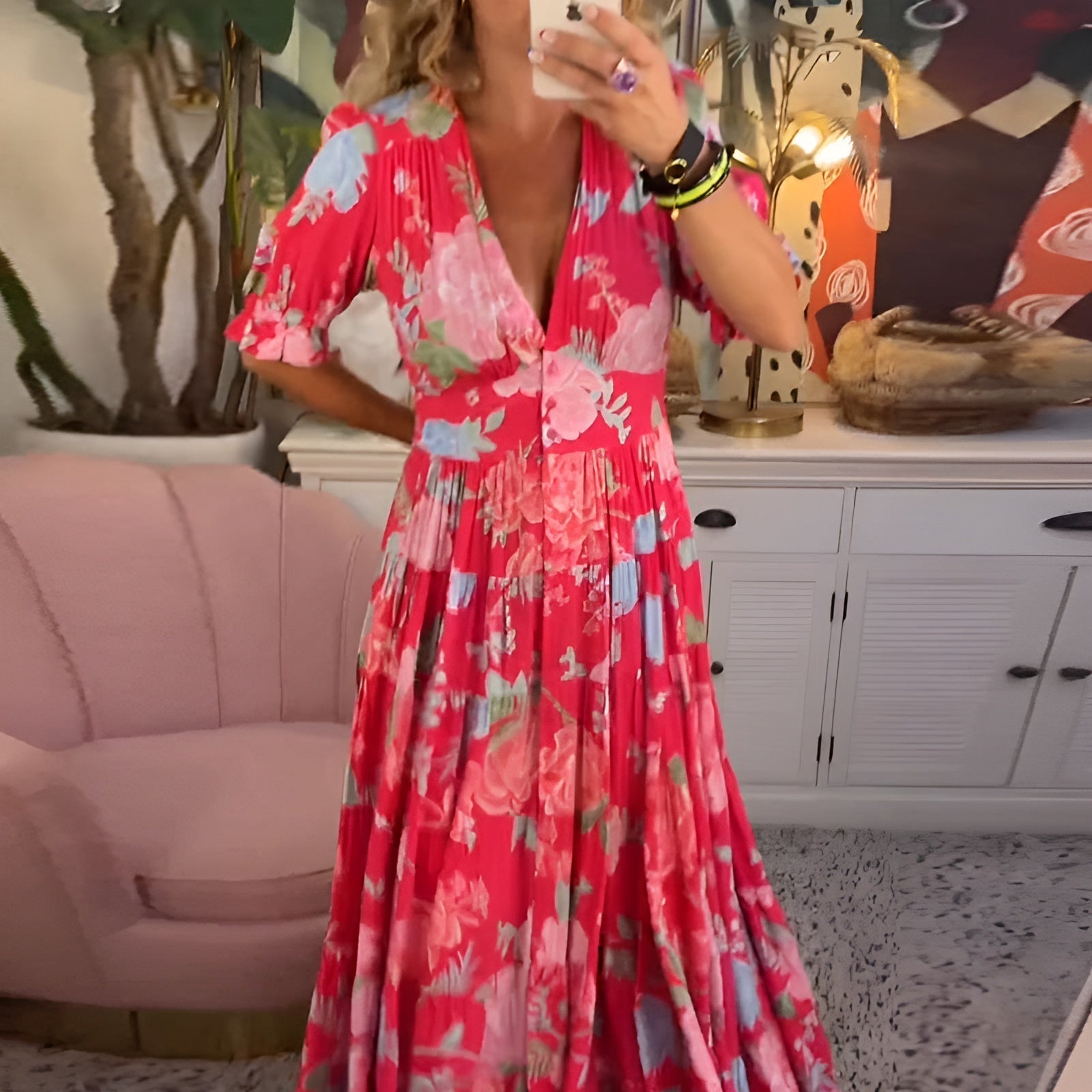 Violet Floral V-Neck Pocket Dress