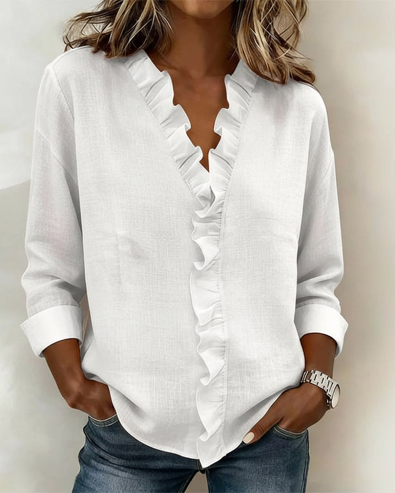 Lily Collins Ruffle V-Neck Long Sleeve Blouse