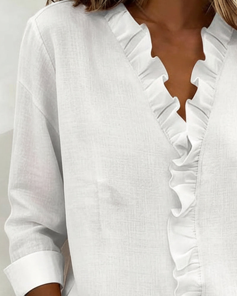 Lily Collins Ruffle V-Neck Long Sleeve Blouse