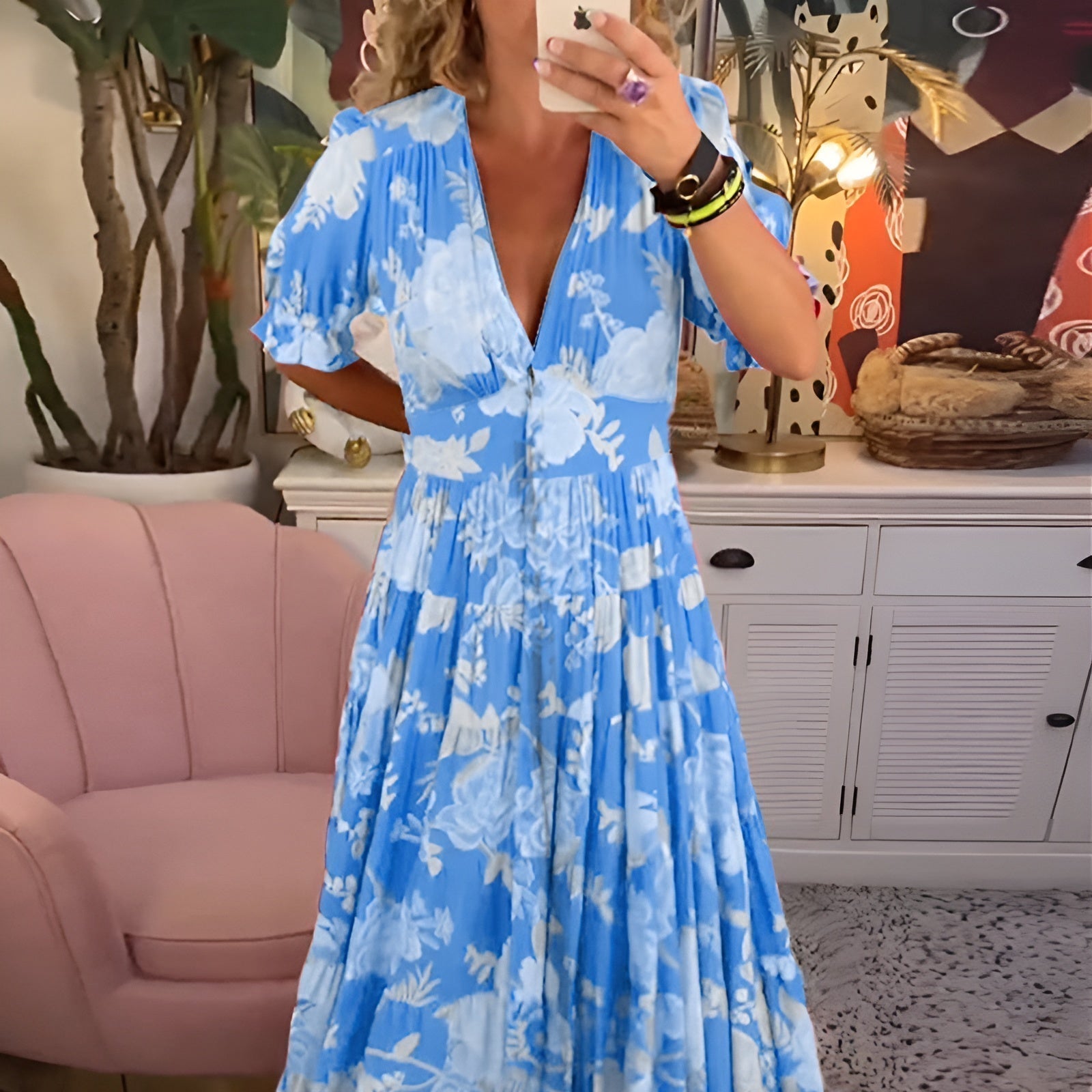 Violet Floral V-Neck Pocket Dress