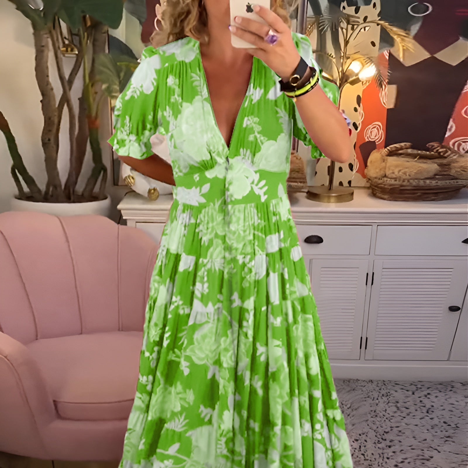 Violet Floral V-Neck Pocket Dress