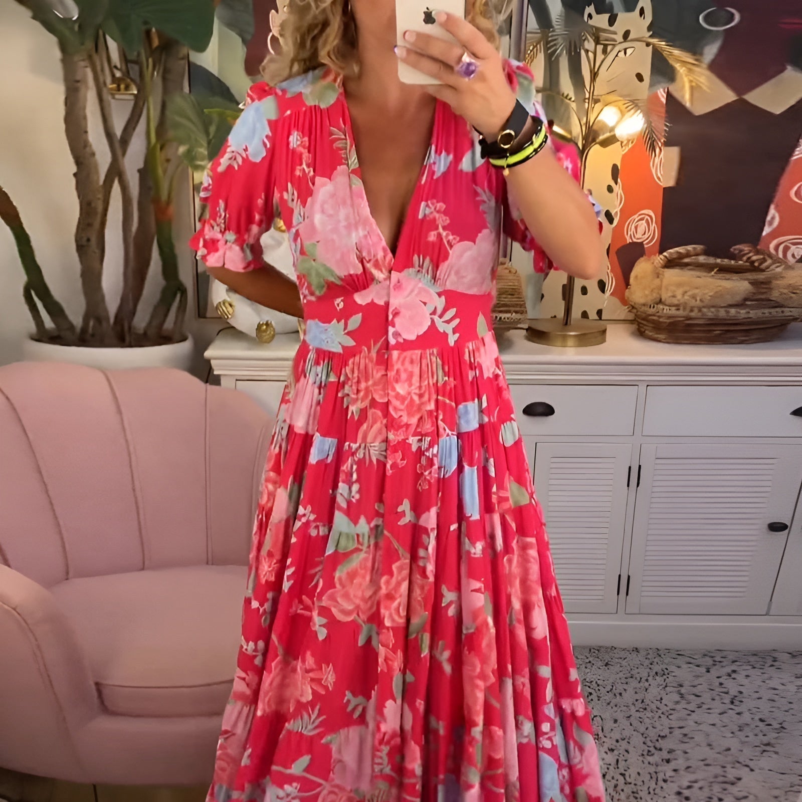 Violet Floral V-Neck Pocket Dress