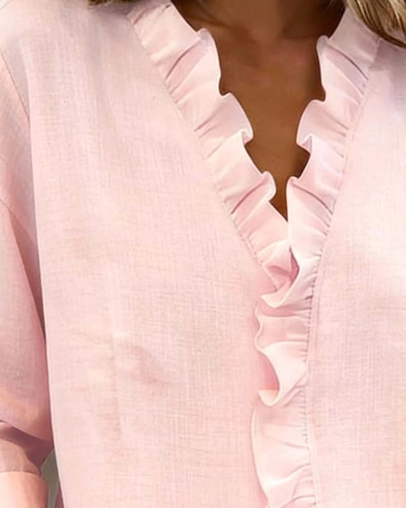 Lily Collins Ruffle V-Neck Long Sleeve Blouse