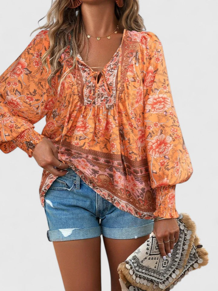Celeste Boho Lace-Up V-Neck Blouse