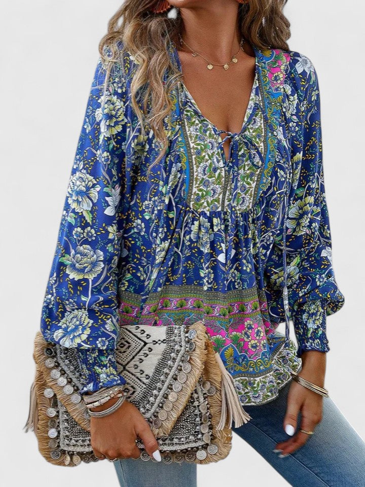 Celeste Boho Lace-Up V-Neck Blouse