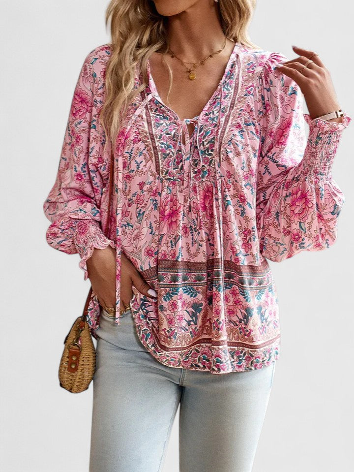 Celeste Boho Lace-Up V-Neck Blouse