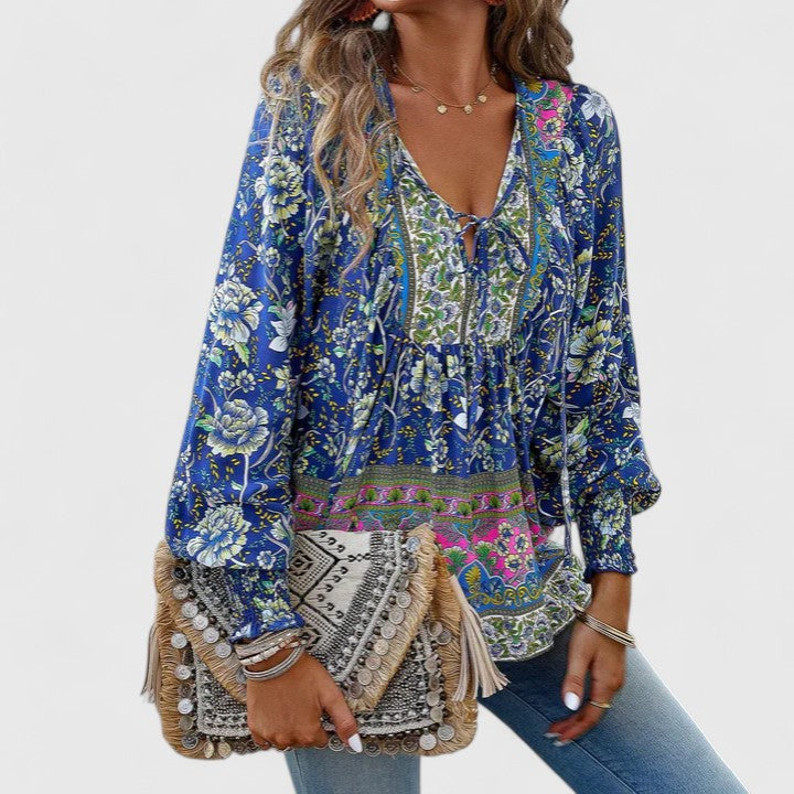 Celeste Boho Lace-Up V-Neck Blouse