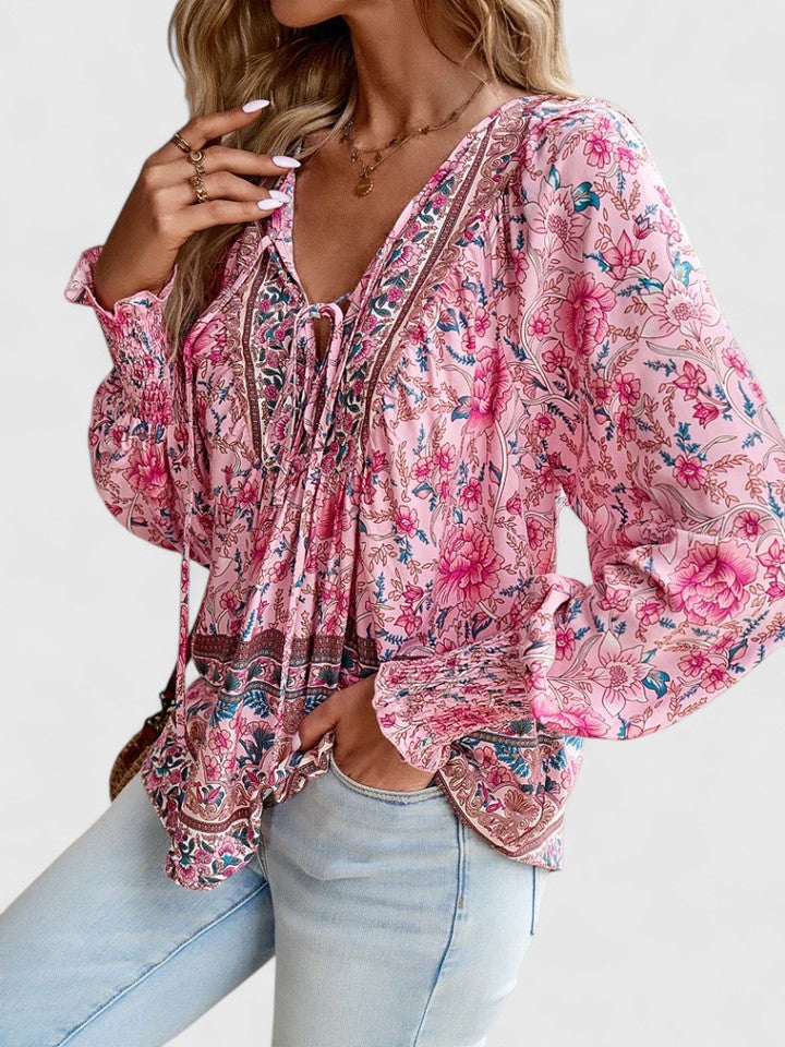 Celeste Boho Lace-Up V-Neck Blouse
