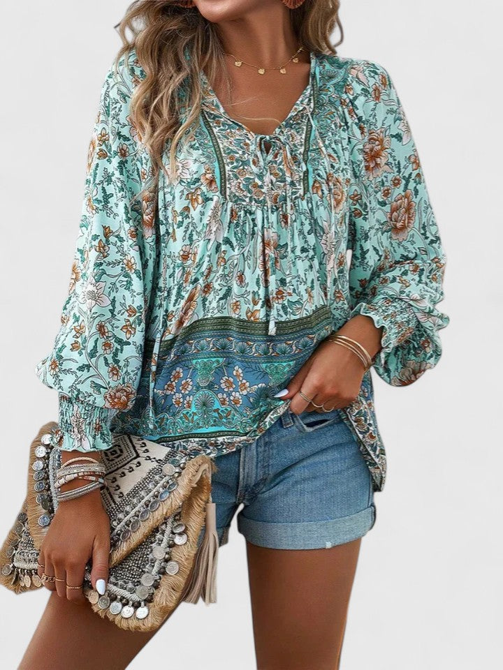 Celeste Boho Lace-Up V-Neck Blouse
